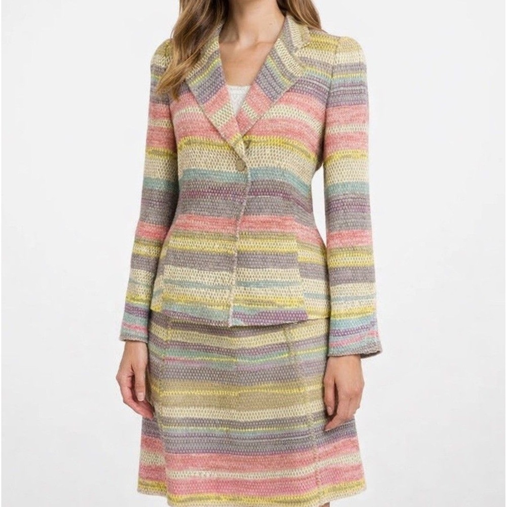 Akris Linen Blend Pastel Stripe 2 pc Suit Jacket Skirt Classic Chic Swiss Artsy - Picture 2 of 16